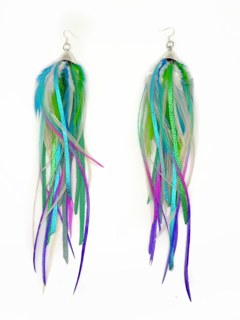 Long Feather & Leather Dangle Earrings in Teal, Green & Purple